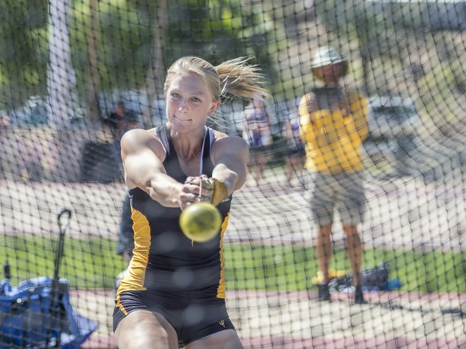 ASU's Maggie Ewan winds up in the second flight of the women's hammer throw during the first day of the 2016 Pac-12/Big Ten Invitational track meet at Sun Angel Stadium in Tempe, Arizona, on Friday, March 25, 2016. 