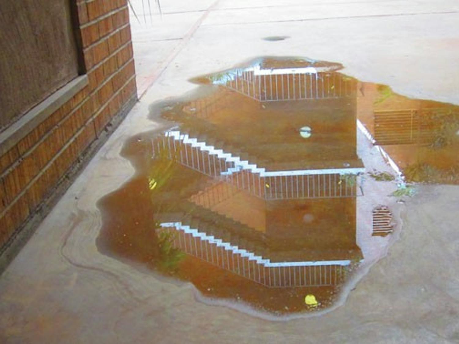 H.B. Farmer Education Building is reflected in a puddle left by excess plant water on Thursday afternoon. (Photo by Robin Kiyutelluk)