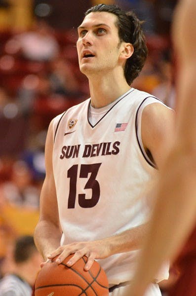 Junior center Jordan Bachynski stands at the free throw line in ASU’s 56-52 victory over USC on Feb. 25.  (Photo by Aaron Lavinsky)