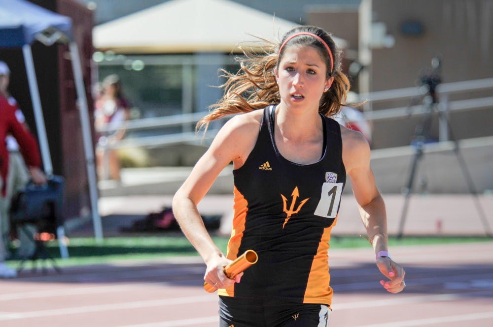 Chelsey Totten runs the third leg of the women’s 4x800 meter relay for ASU track and field&nbsp;during Saturday’s event at the 2016 Baldy Castillo Invitational at Sun Angel Stadium in Tempe, AZ on&nbsp;March 19, 2016.