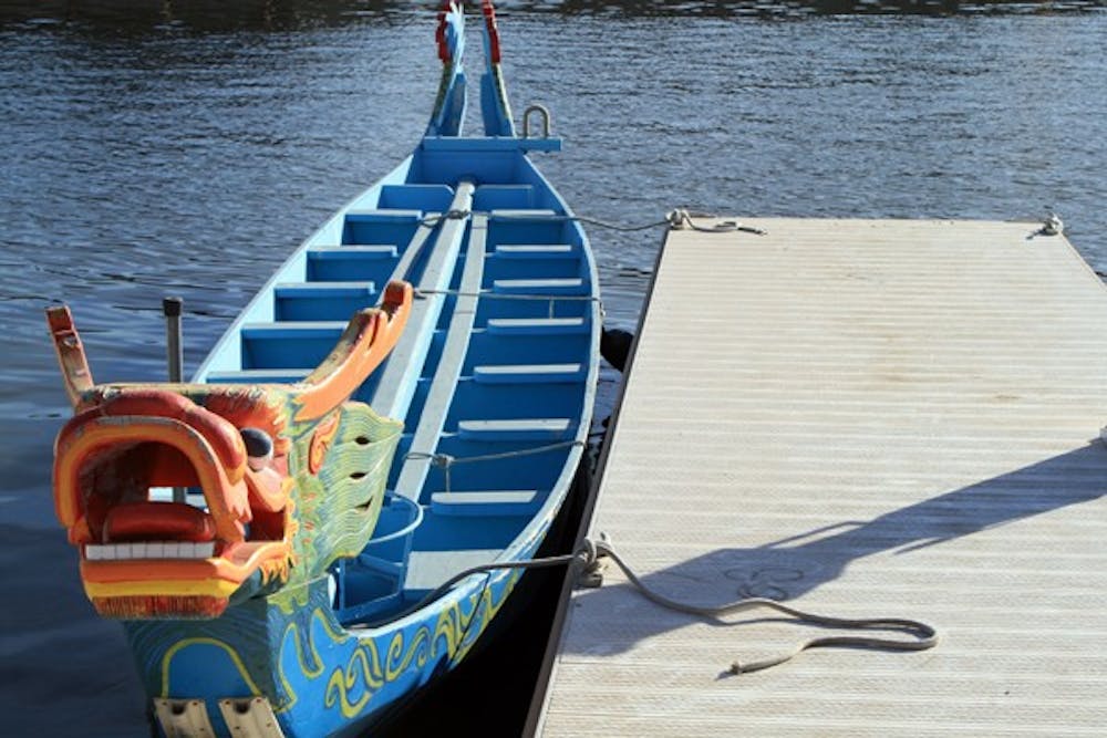 A unique "dragon" boat floats in the docking area of Tempe Town Lake on Monday afternoon. (Photo by Jessie Wardarski)