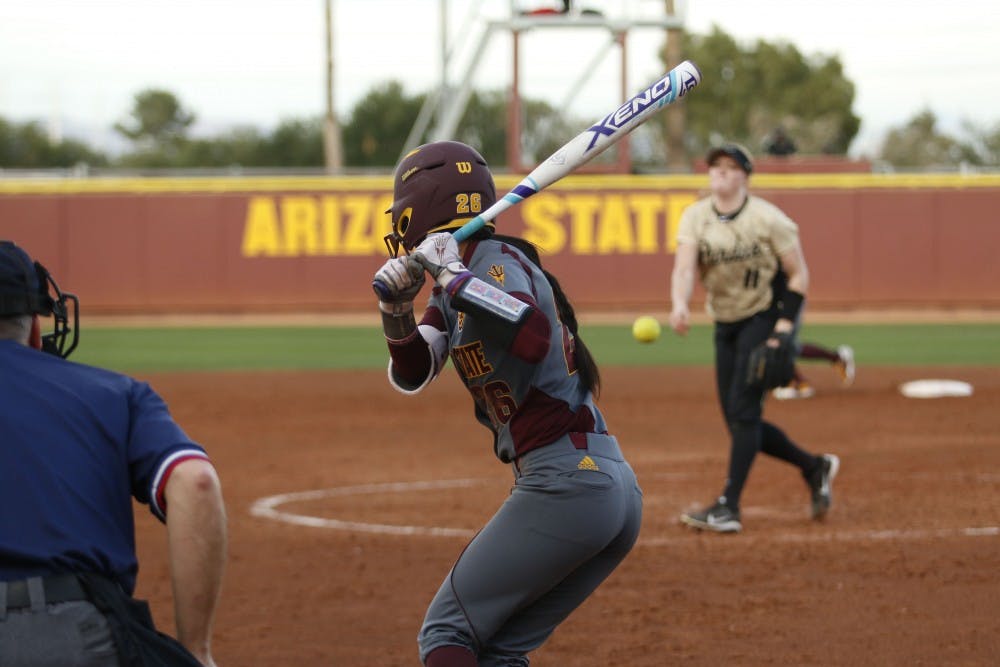 Sophomore infielder Taylor Becerra (26) up to bat in a game against Purdue at Alberta B. Farrington Softball Stadium in Tempe, Arizona, on Friday, Feb. 10, 2017. The Sun Devils won the game, 3-0.