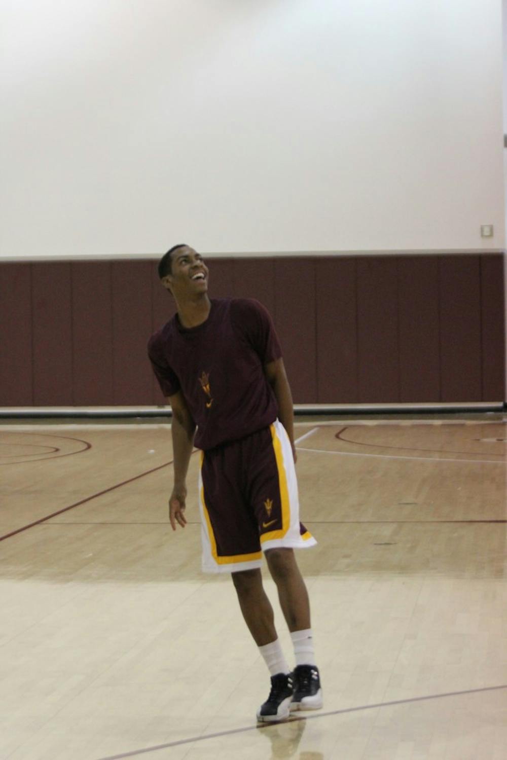 ASU Sun Devil Calaen Robinson practices with the basketball team in Tempe’s athletic training facility.  Robinson’s return comes after a campus suspension that he received last year. (Photo by Dominic Valente.)