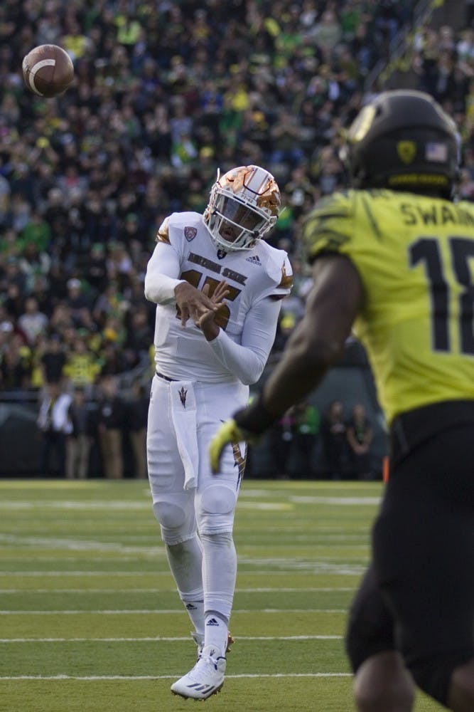 ASU freshman quarterback Dillon Sterling-Cole throws the ball in to the endzone, resulting in an incompletion, in the second half of a 54-35 loss versus the Oregon Ducks in Autzen Stadium in Eugene, Oregon, on Saturday, Oct. 29, 2016. 