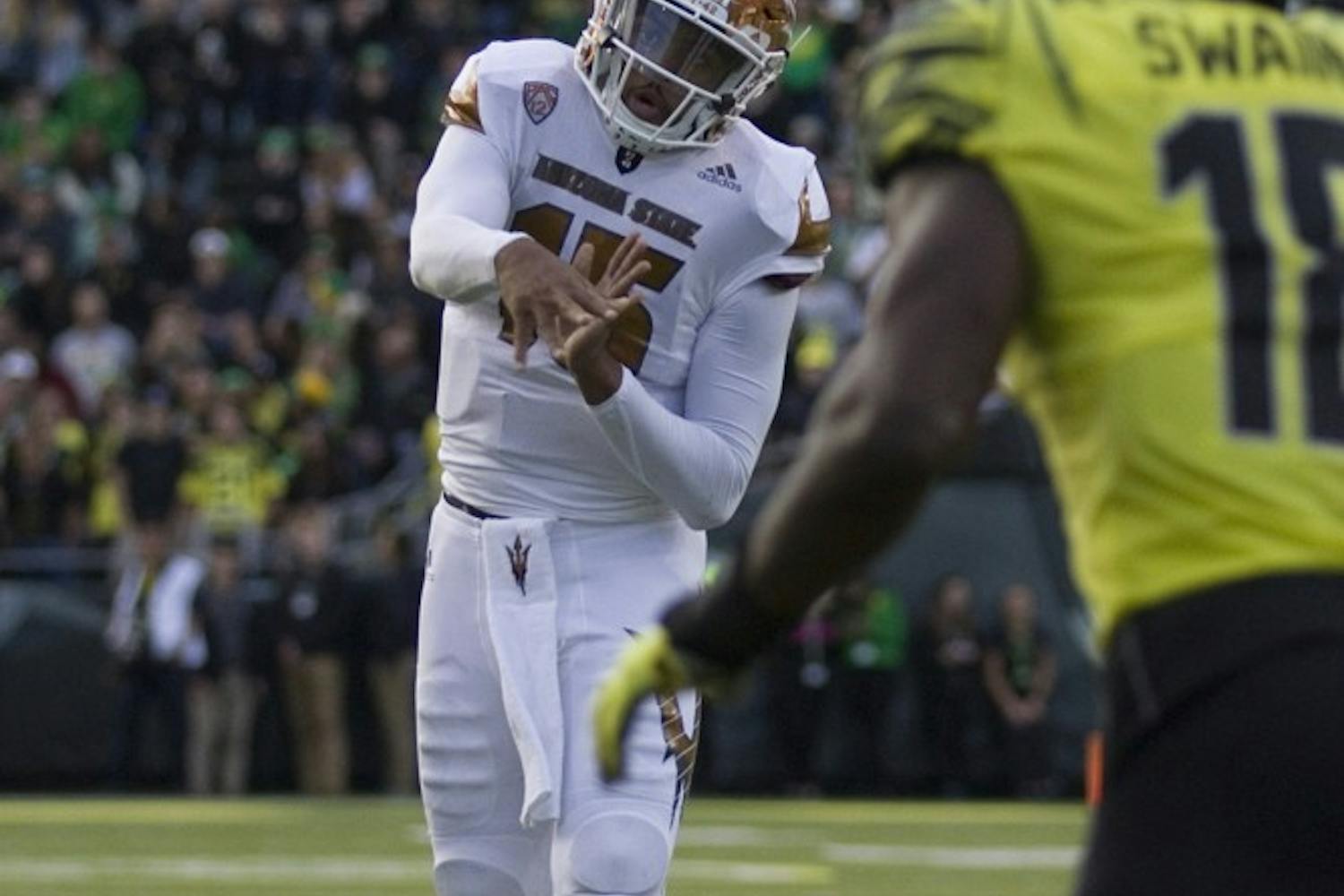 ASU freshman quarterback Dillon Sterling-Cole throws the ball in to the endzone, resulting in an incompletion, in the second half of a 54-35 loss versus the Oregon Ducks in Autzen Stadium in Eugene, Oregon, on Saturday, Oct. 29, 2016. 