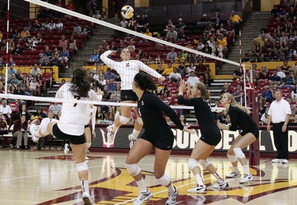 SENDING BACK: Senior middle blocker Sonja Markanovich jumps up for a spike during Stanford’s 3-1 win over the Sun Devils. ASU looks to avenge their losses against Oregon and Oregon State from earlier this season when both schools visit the Wells Fargo over the weekend. (Photo by Beth Easterbrook)