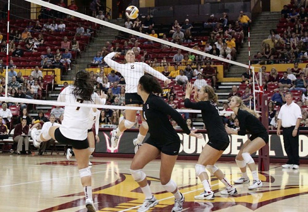 SENDING BACK: Senior middle blocker Sonja Markanovich jumps up for a spike during Stanford’s 3-1 win over the Sun Devils. ASU looks to avenge their losses against Oregon and Oregon State from earlier this season when both schools visit the Wells Fargo over the weekend. (Photo by Beth Easterbrook)