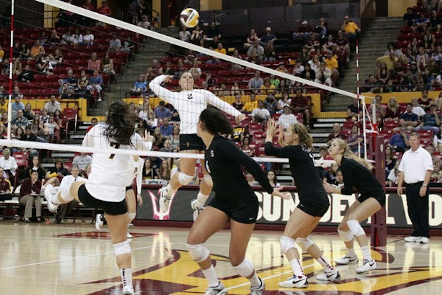SENDING BACK: Senior middle blocker Sonja Markanovich jumps up for a spike during Stanford’s 3-1 win over the Sun Devils. ASU looks to avenge their losses against Oregon and Oregon State from earlier this season when both schools visit the Wells Fargo over the weekend. (Photo by Beth Easterbrook)