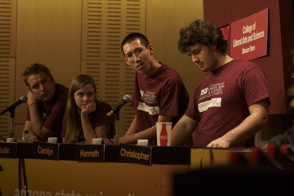 THREE-PEAT CHAMPS: ASU's fifth annual academic bowl is underway. The College of Liberal Arts and Sciences, the champions three years running, go up against competitors Cronkite Gold and W.P. Carey Thursday night in the semi-finals. (Photo by Scott Stuk)