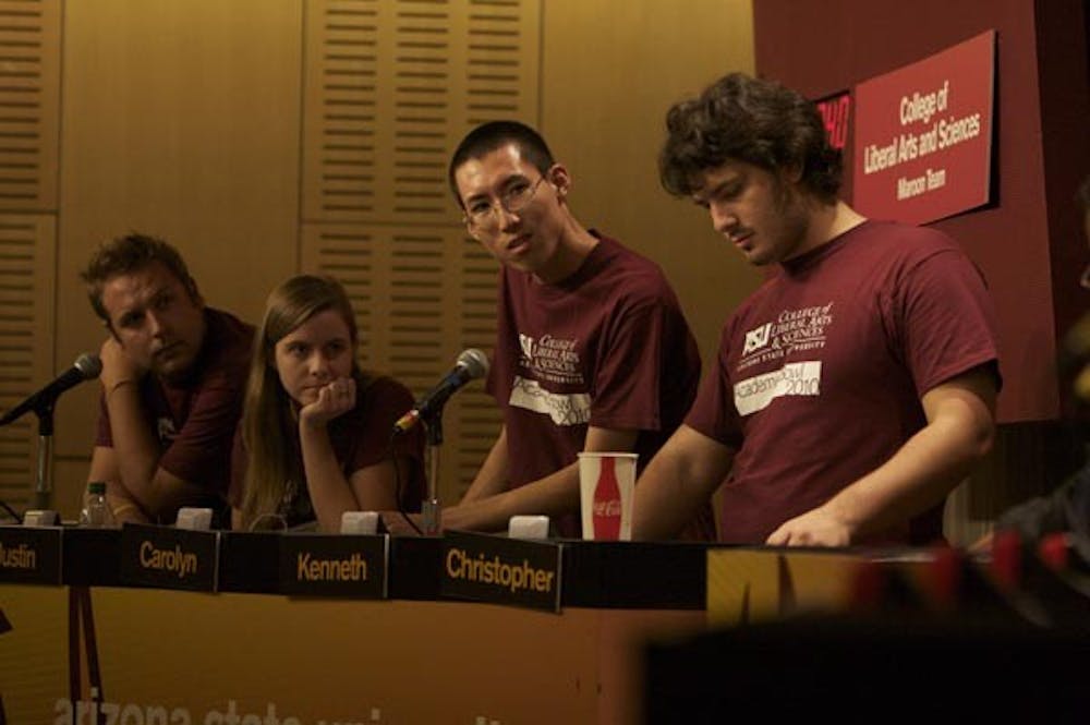 THREE-PEAT CHAMPS: ASU's fifth annual academic bowl is underway. The College of Liberal Arts and Sciences, the champions three years running, go up against competitors Cronkite Gold and W.P. Carey Thursday night in the semi-finals. (Photo by Scott Stuk)