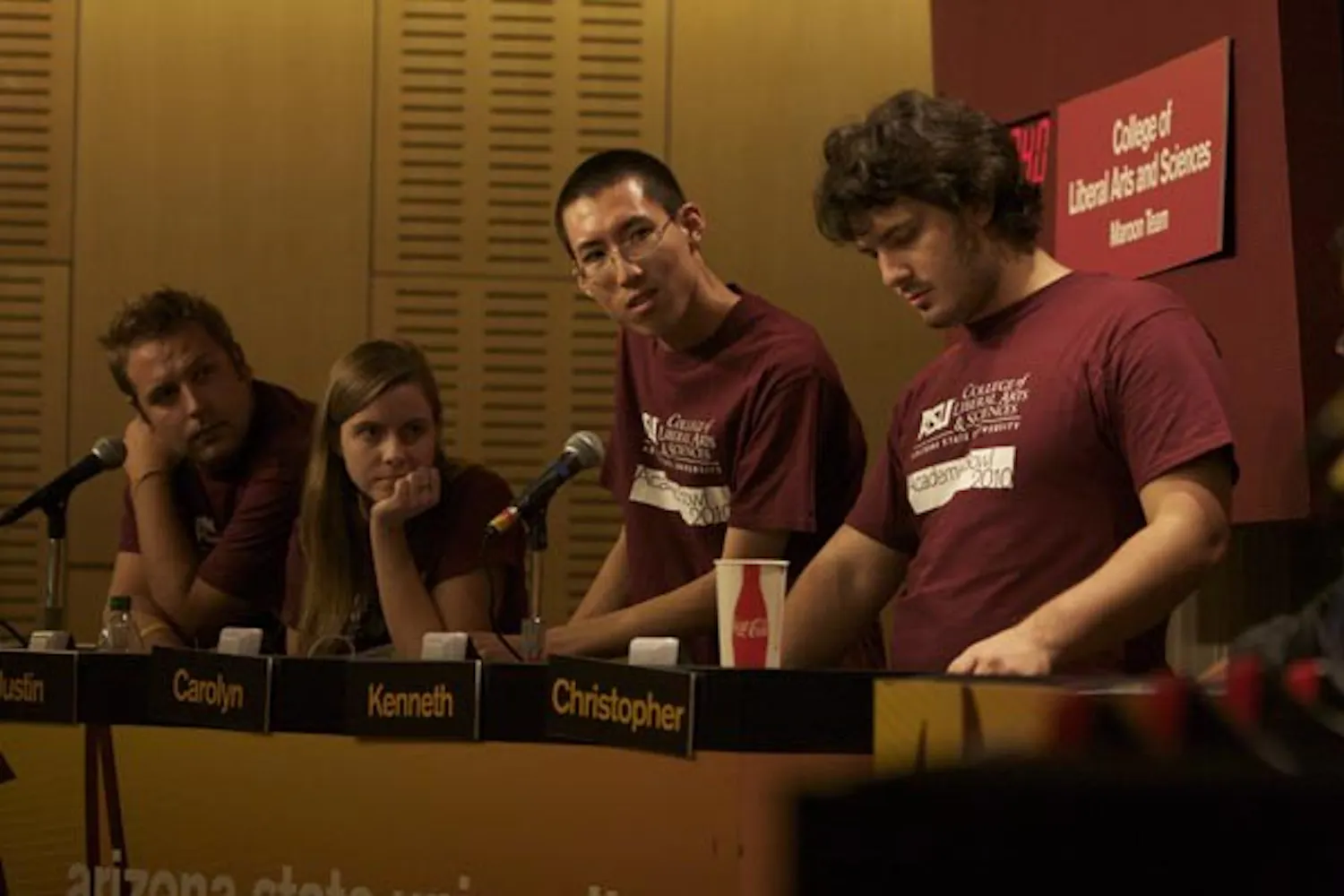THREE-PEAT CHAMPS: ASU's fifth annual academic bowl is underway. The College of Liberal Arts and Sciences, the champions three years running, go up against competitors Cronkite Gold and W.P. Carey Thursday night in the semi-finals. (Photo by Scott Stuk)