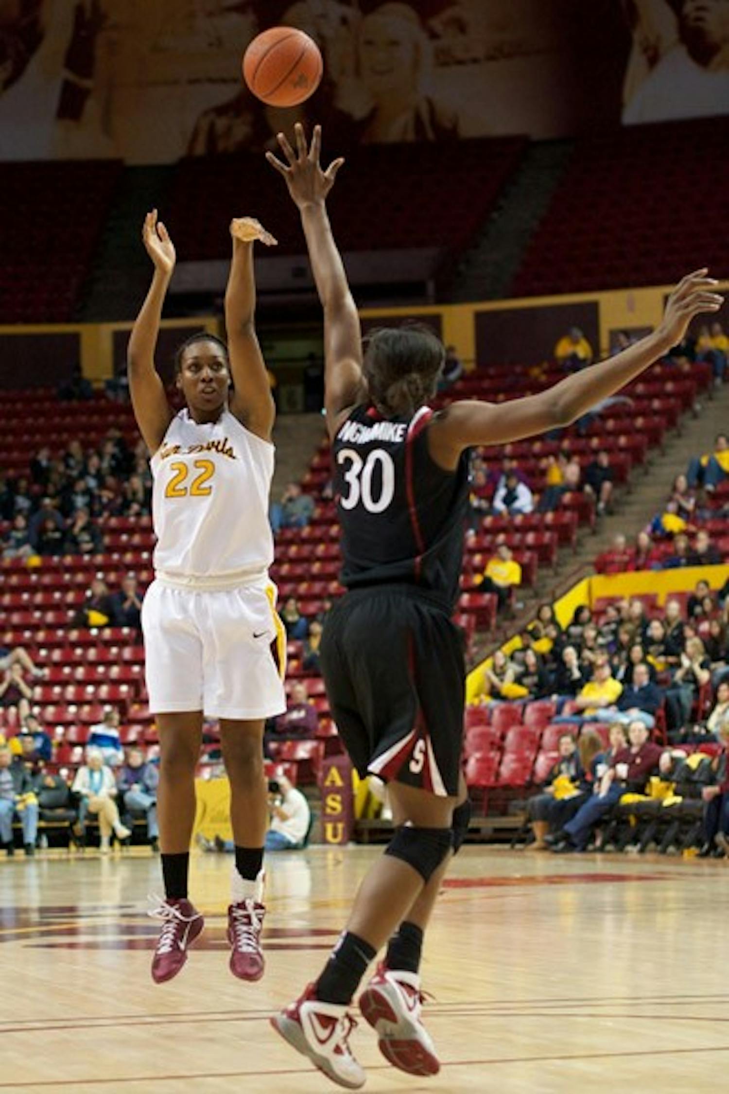 Crucial weekend: ASU redshirt sophomore forward Janae Fulcher takes a shot from the foul line with Stanford junior forward Nnemkadi Ogwumike defending on Feb. 3. The Sun Devils head up north to Washington this weekend to attempt to solidify a place in the NCAA tournament. (Photo by Michael Arellano)
