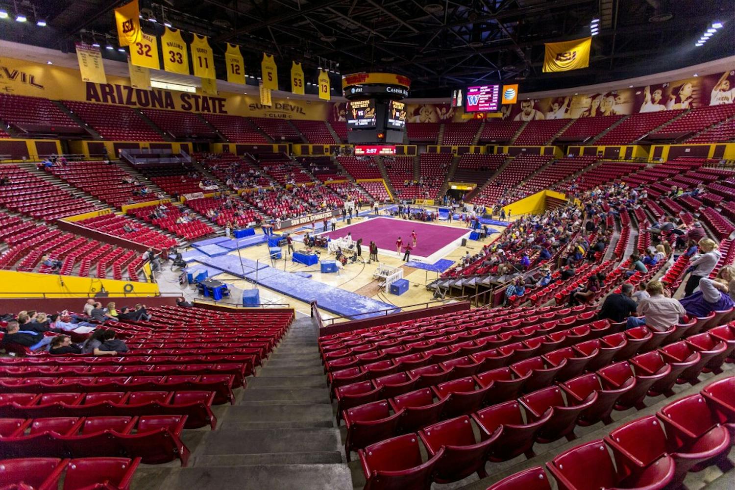 ASU hosts a gymnastics meet with the University of Washington Huskies at Wells Fargo Arena in Tempe, Ariz., on Monday, Jan. 18, 2015. The Huskies posted a 194.650-192.450 victory over the Sun Devils.