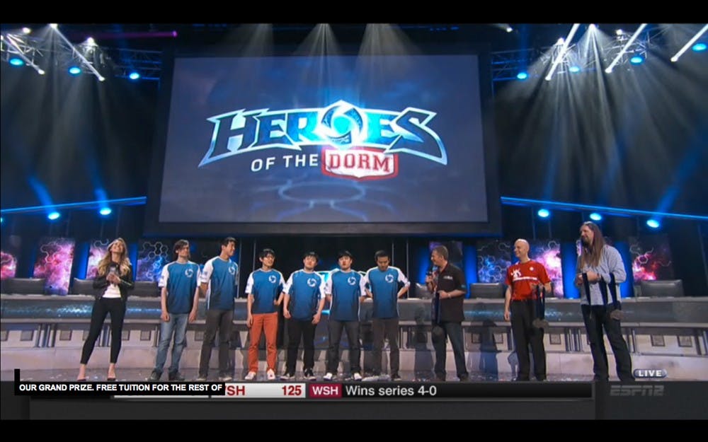 Members of UC Berkeley's eSports team take the stage after defeating ASU in the Heroes of the Dorm championship match on Sunday, April 26, 2015 in Los Angeles. The Golden Bears topped ASU's Dream Team 3-2 to win the first eSports event broadcast live on American TV.