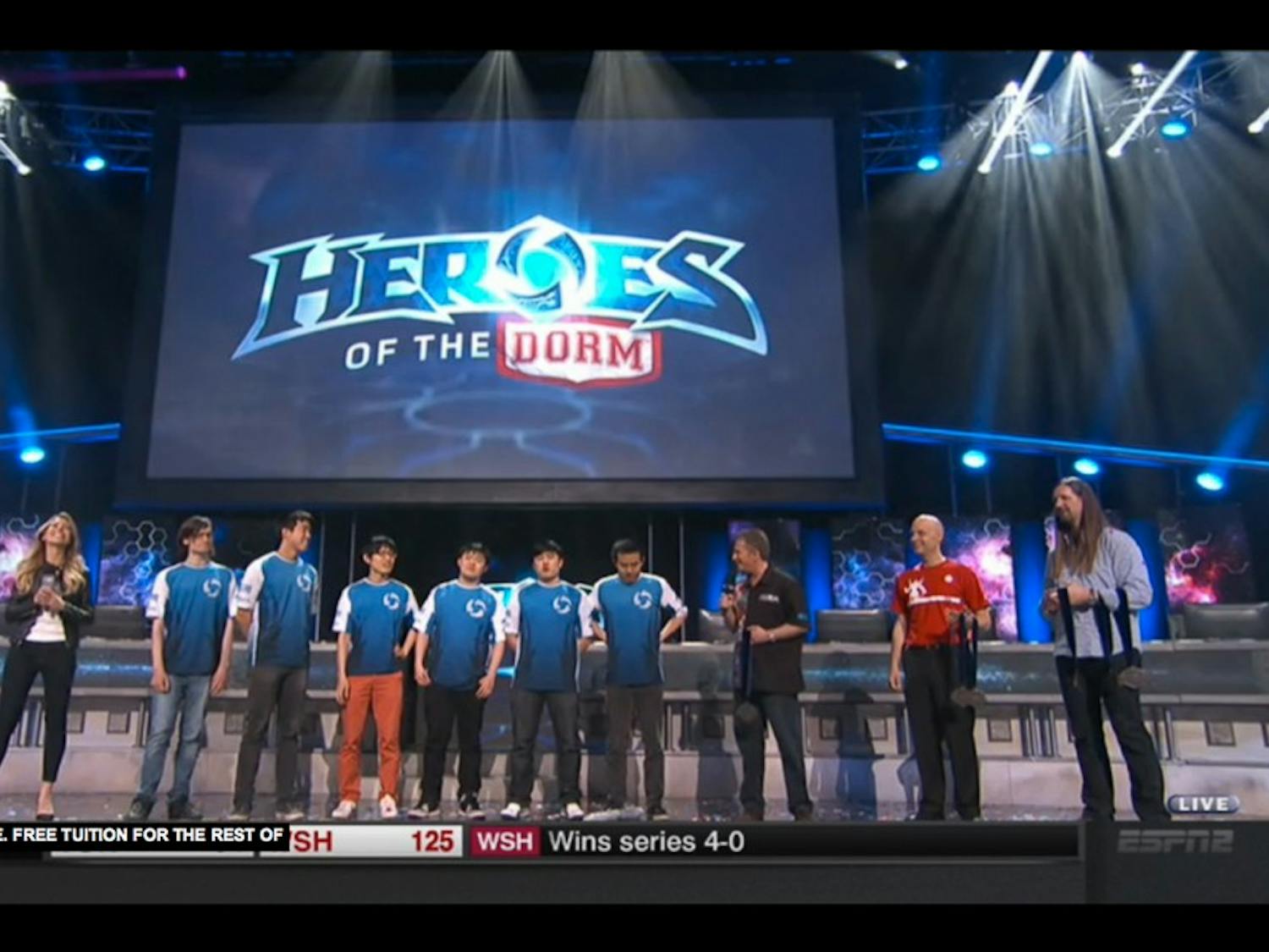 Members of UC Berkeley's eSports team take the stage after defeating ASU in the Heroes of the Dorm championship match on Sunday, April 26, 2015 in Los Angeles. The Golden Bears topped ASU's Dream Team 3-2 to win the first eSports event broadcast live on American TV.