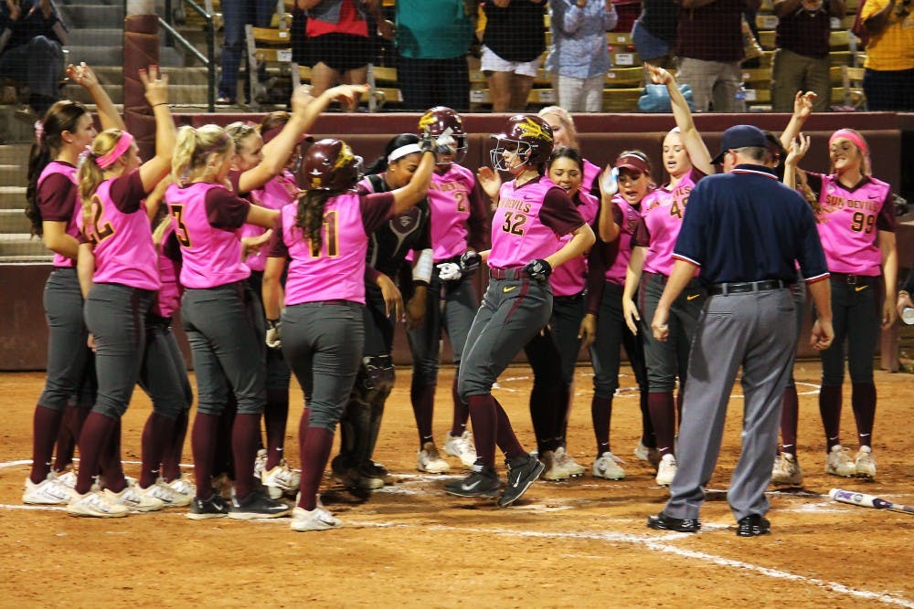 Sun Devils celebrate as ASU Senior Haley Steele completes her ho