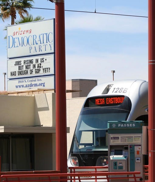 POLITICS ON THE RAIL: The Arizona Democratic Party headquarters located next to the light rail stop at Central Avenue and Thomas Road promotes the Democratic political efforts and voter registration. (Photo by Lisa Bartoli)