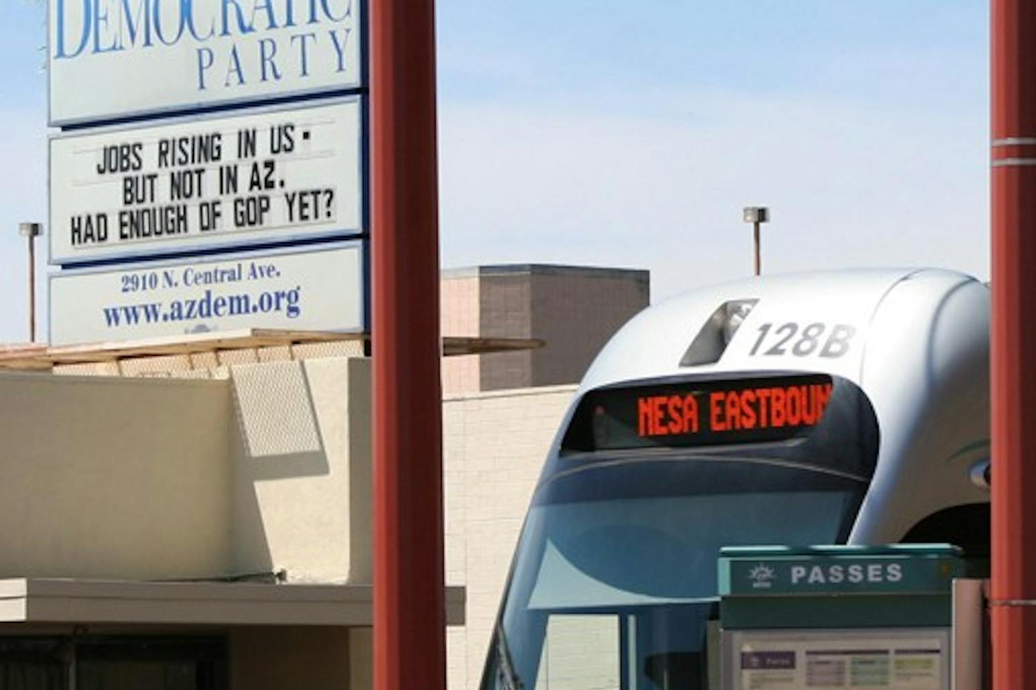 POLITICS ON THE RAIL: The Arizona Democratic Party headquarters located next to the light rail stop at Central Avenue and Thomas Road promotes the Democratic political efforts and voter registration. (Photo by Lisa Bartoli)