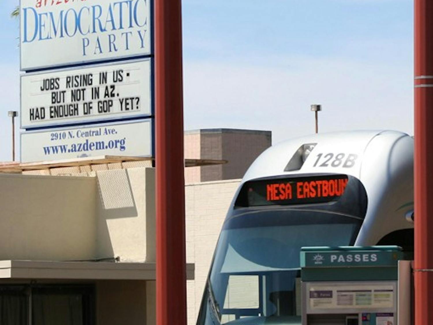 POLITICS ON THE RAIL: The Arizona Democratic Party headquarters located next to the light rail stop at Central Avenue and Thomas Road promotes the Democratic political efforts and voter registration. (Photo by Lisa Bartoli)