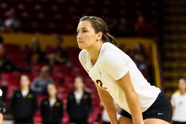 Junior outside hitter Macey Gardner waits for a serve during the game against Colorado on November 2nd, 2014. The Sun Devils' late comeback attempt came up short vs the Buffs as they lost 3-2. (Photo by Daniel Kwon)