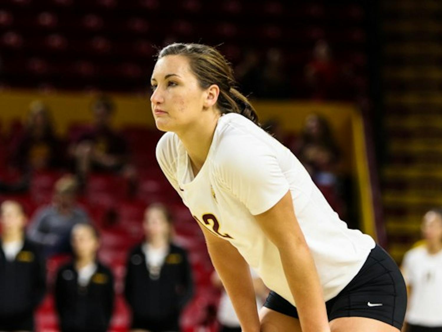 Junior outside hitter Macey Gardner waits for a serve during the game against Colorado on November 2nd, 2014. The Sun Devils' late comeback attempt came up short vs the Buffs as they lost 3-2. (Photo by Daniel Kwon)