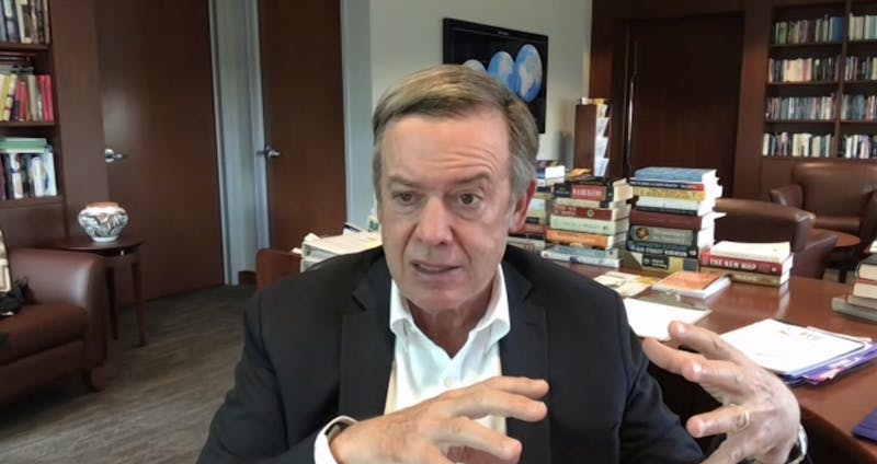 ASU President Michael Crow talks via Zoom with The State Press about COVID-19 vaccines, a multicultural center and the University's fiscal on Wednesday, May 5, 2021.