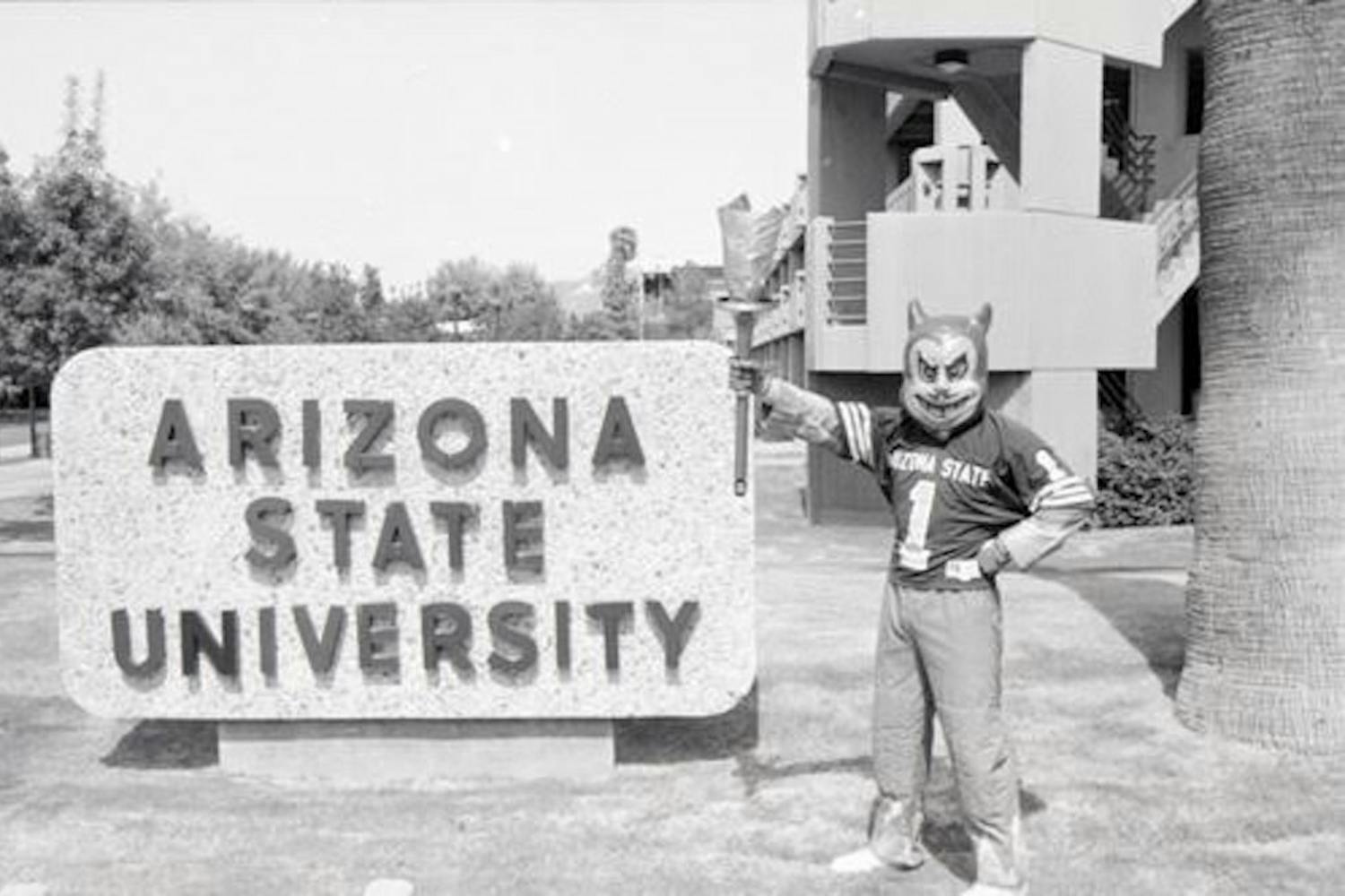 Sparky posing on ASU Campus between 1951-1953.