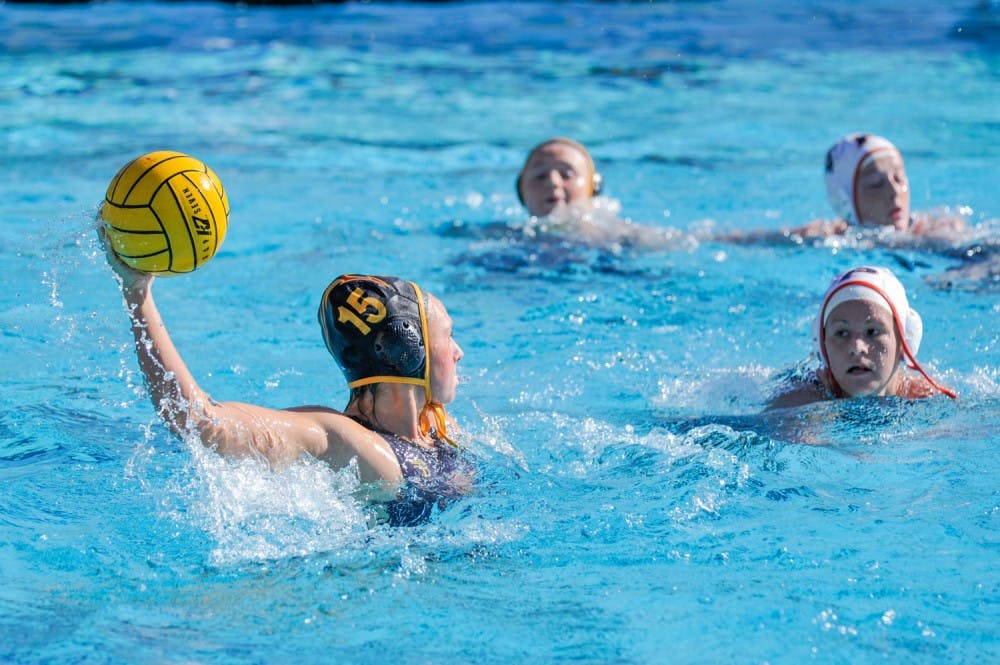 Sophomore Taylor Bertrand looks to pass&nbsp;against the University of Pacific on Sunday, March 20, 2016 at the Mona Plummer Aquatic Complex in Tempe, AZ. ASU water polo won 5-3.
