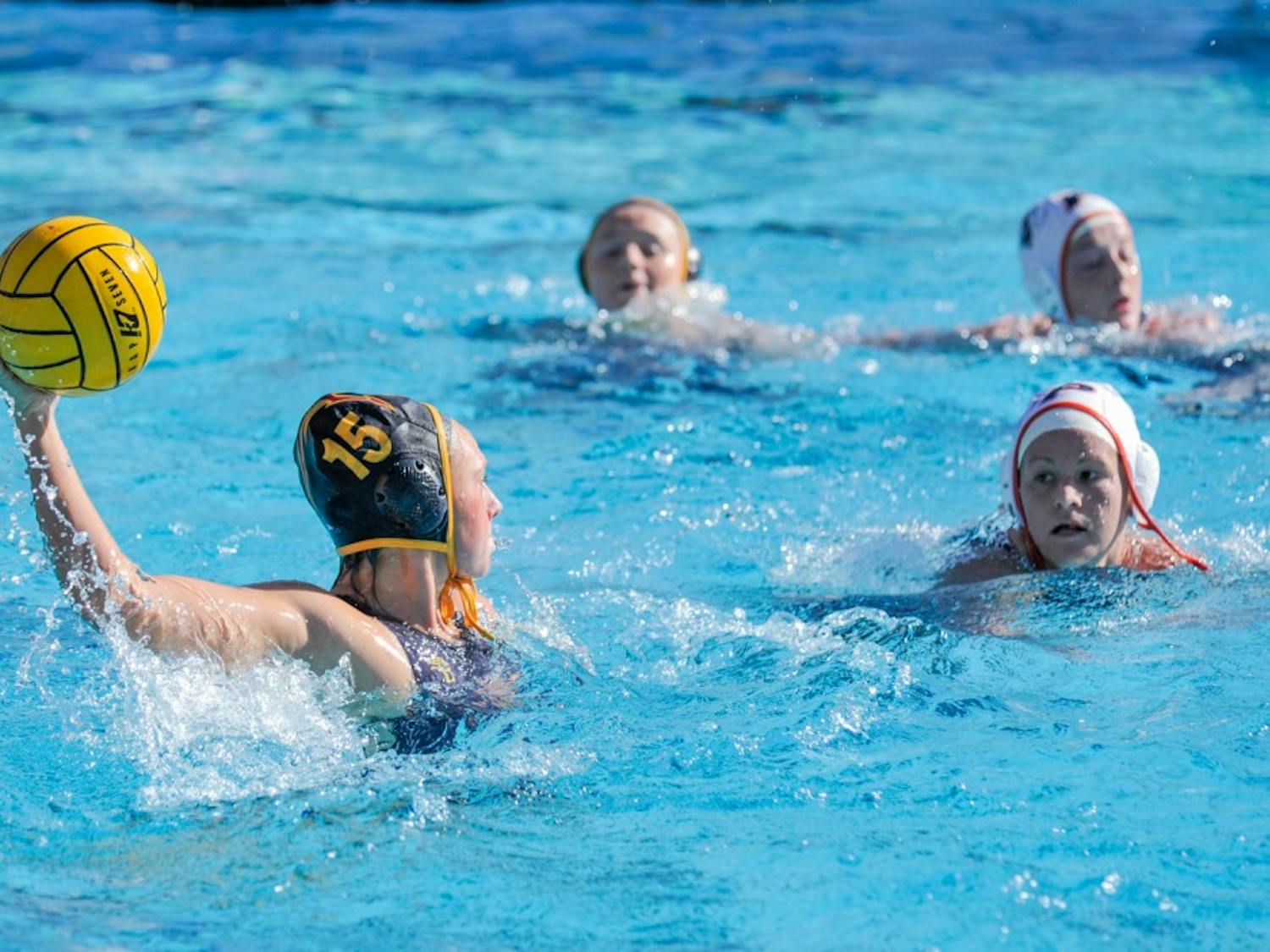 Sophomore Taylor Bertrand looks to pass&nbsp;against the University of Pacific on Sunday, March 20, 2016 at the Mona Plummer Aquatic Complex in Tempe, AZ. ASU water polo won 5-3.