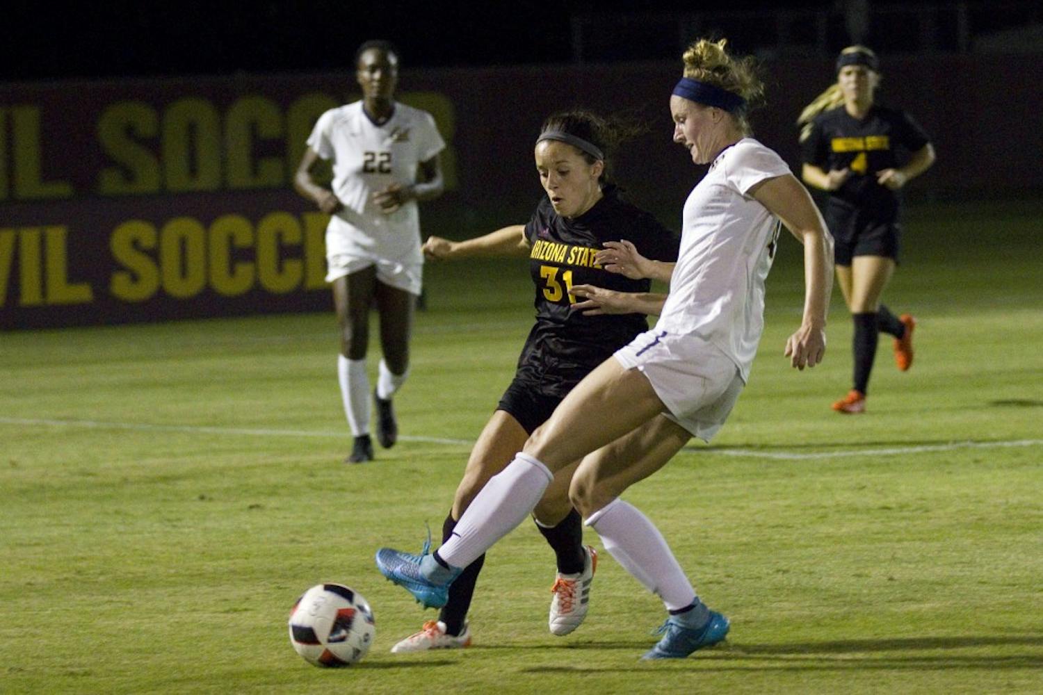 ASU sophomore forward Jaimie Salas (31) looks to push the ball upfield in the second half of a 2-0 loss California in Sun Devil Soccer Stadium in Tempe, Arizona, on Thursday, Oct. 27, 2016.
