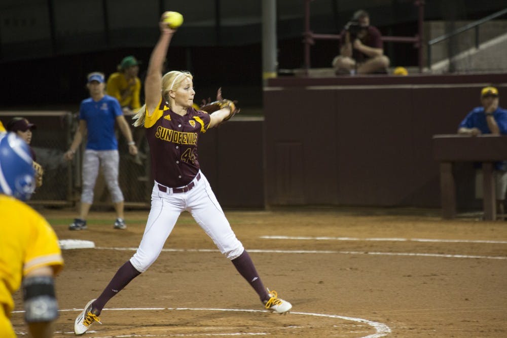 Redshirt junior Kelsey Kessler pitches during the Sun Devil's game against San Jose State in Farrington Stadium in Tempe on Thursday, Feb. 11, 2016.