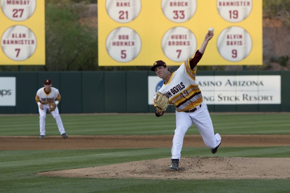 Junior Ryan Kellogg allows three runs in seven innings pitched against Oregon State at Phoenix Municipal Stadium on Saturday March 14, 2015. The Sun Devils defeated the Beavers 4-3. (Jacob Stanek/ The State Press)