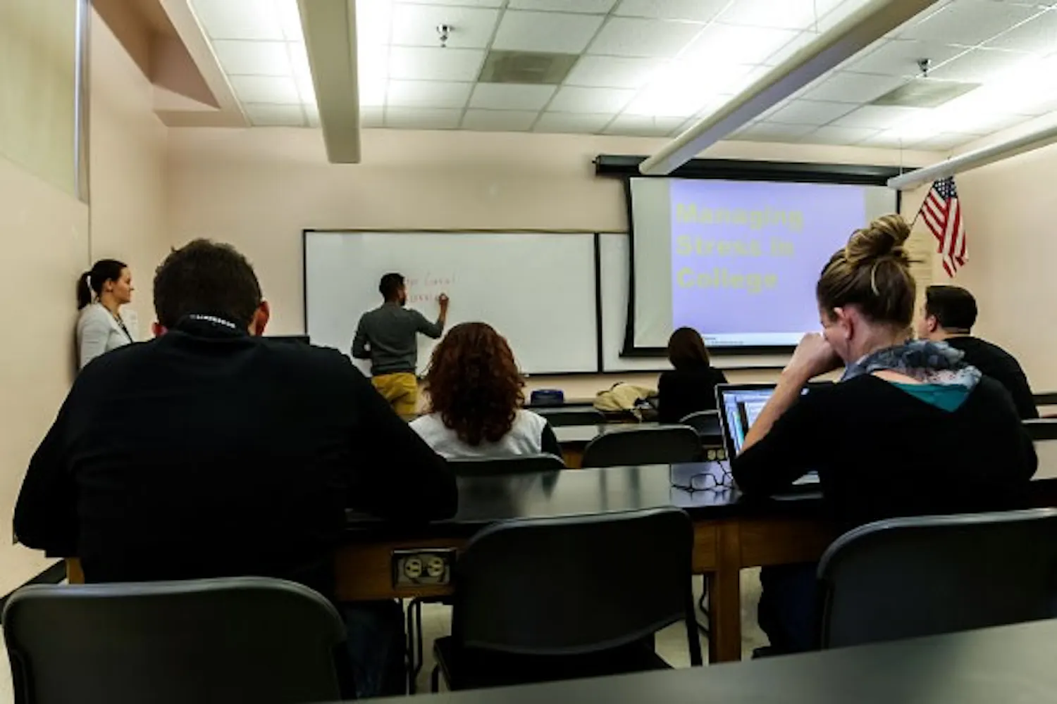 ASU Wellness health educator Victor Corral speaks during a stress management workshop at Arizona State University on Dec. 3, 2014. The workshop gave tips to students looking to manage their finals week stress.
