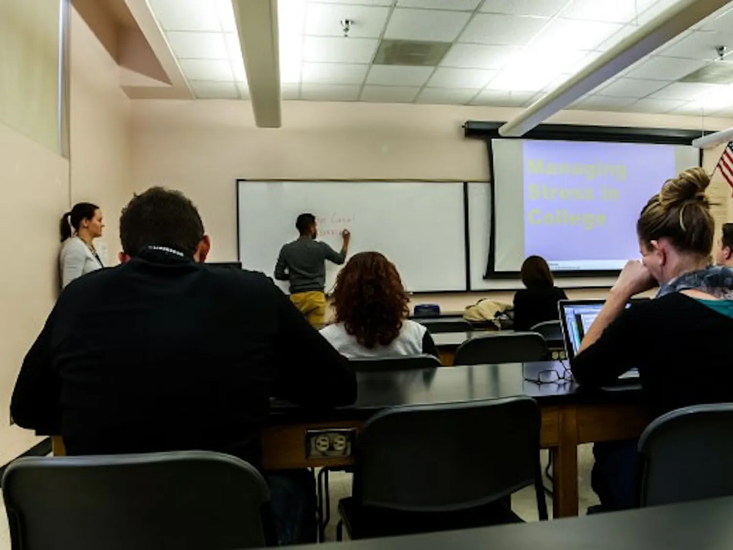 ASU Wellness health educator Victor Corral speaks during a stress management workshop at Arizona State University on Dec. 3, 2014. The workshop gave tips to students looking to manage their finals week stress.