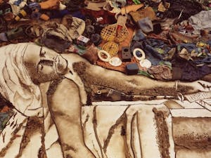 An image of Vik Muniz's "Death of Marat" made from recycled materials found in the Jardim Gramacho dump, located just outside of Rio de Janeiro. Photo courtesy of the Julie Ann Wrigley Global Institute of Sustainability Events