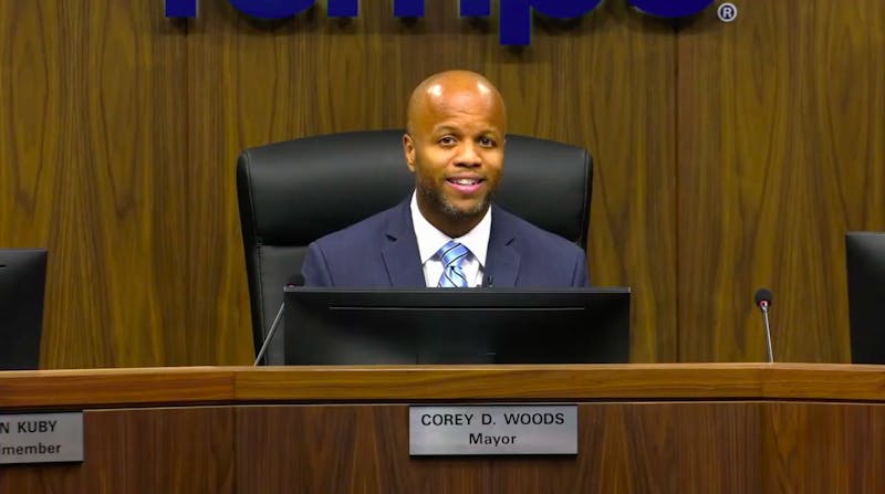 Tempe Mayor Corey Woods addresses the city of Tempe remotely on Friday, Oct. 30, 2020.