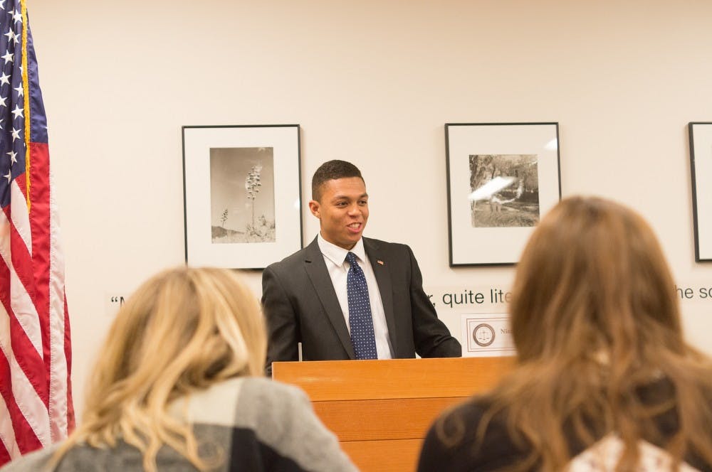 Tempe Undergraduate Student Council senate president Nicholas Haney addresses the senate on Tuesday, Nov. 17, 2015, at the Memorial Union in Tempe.