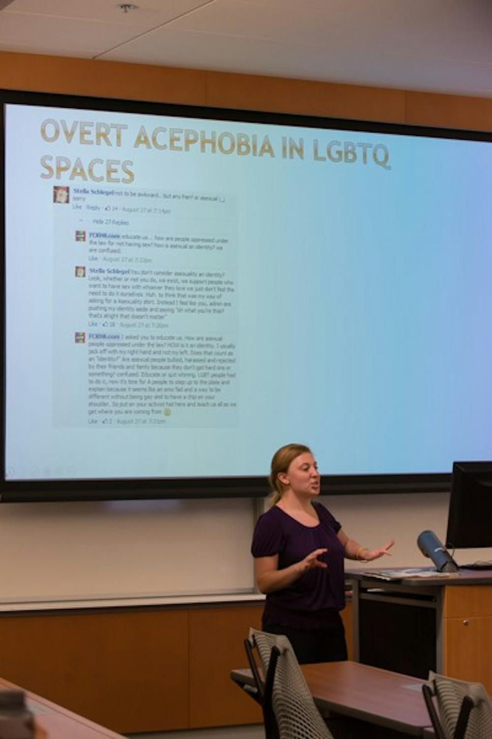 Aces of Arizona president Gretchen Ayub speaks to a group of students about asexuality during a discussion in Tempe on April 9. (Photo by Andrew Ybanez)
