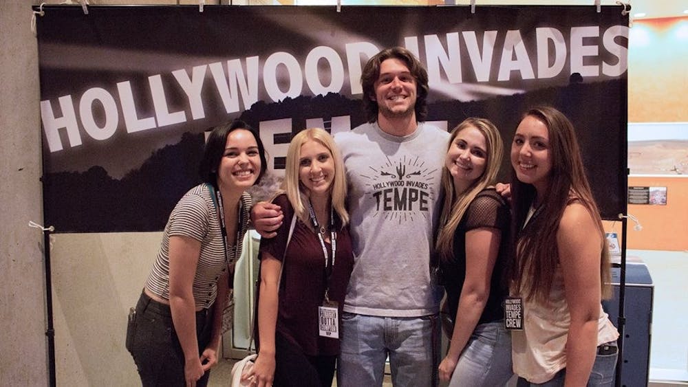 The&nbsp;Hollywood Invades Tempe crew poses for a photo&nbsp;at their event in the Spring 2016&nbsp;semester. From left to right: Danielle Rufenacht, Brooke Wakenhut, Andrew Hanks, Lauren Anderson and&nbsp;Aria Rivera.