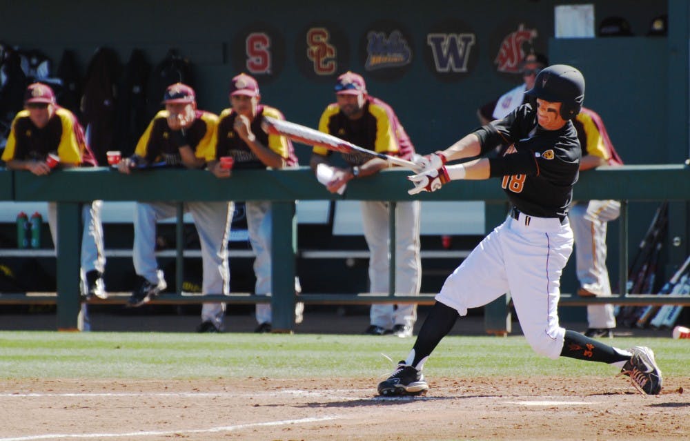 Freshman outfielder Johnny Sewald takes a swing during the Sun Devils’ 7-6 loss to Bethune Cookman on Feb. 17. Sewald made his first start of his career Sunday, batting 1-of-4 and recording a single. (Photo by Murphy Bannerman)