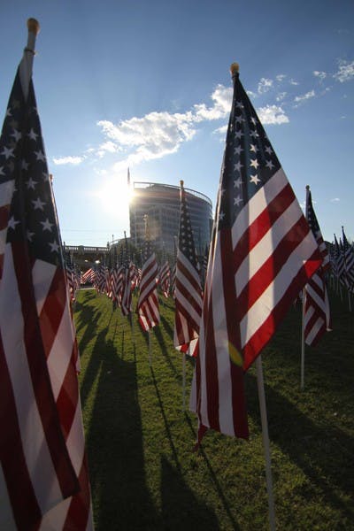 HONORING THE FALLEN: The Healing Field in Tempe Beach Park features a flag for each casualty of 9/11.  The flags were put up early Friday morning, and remained through the weekend. (Photo by Lisa Bartoli)