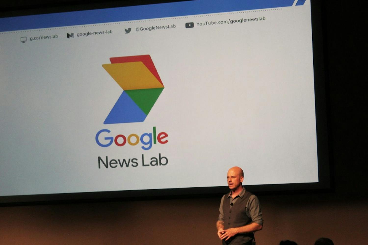 Nicholas Whitaker, training and development manager at Google News Lab, speaks at the Must See Monday series at the Cronkite School on Monday, Oct. 24, 2016.