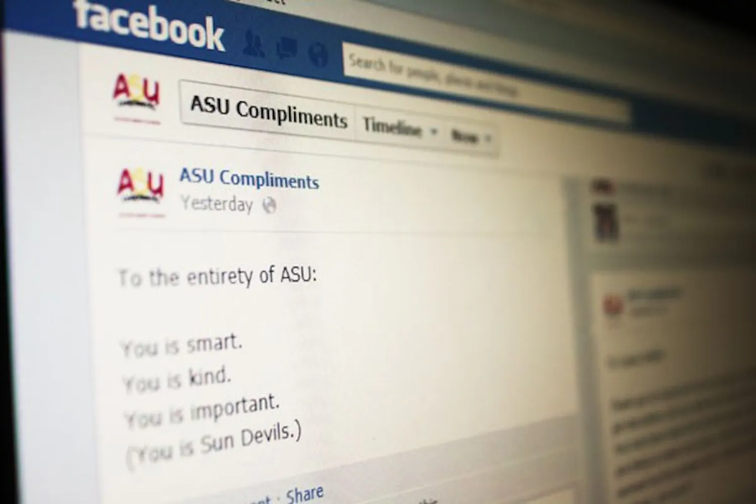 Members of the ASU community can send anonymous compliments to their peers that are then posted to the Facebook page ASU Compliments. Since it launched on Nov. 27, the page has garnered more than 1,000 likes. (Photo by Jessie Wardarski)