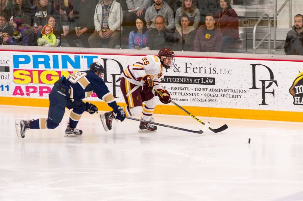 Sun Devil forward Liam Norris (25) races the puck against Wisconsin on Friday, February 5, 2016, at the Oceanside Arena in Tempe.