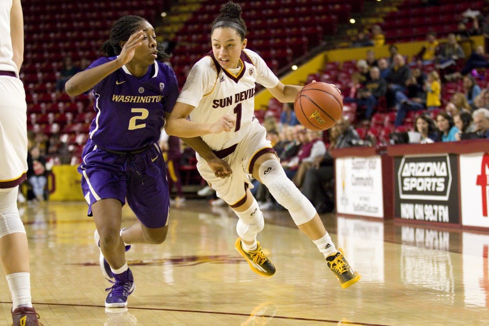 ASU freshman guard Reili Richardson (1) drives towards the basket during a women's basketball game versus no. 8 Washington in Wells Fargo Arena in Tempe, Arizona on Sunday, Jan. 15, 2017. ASU lost 65-54, putting them at 13-4 on the season.