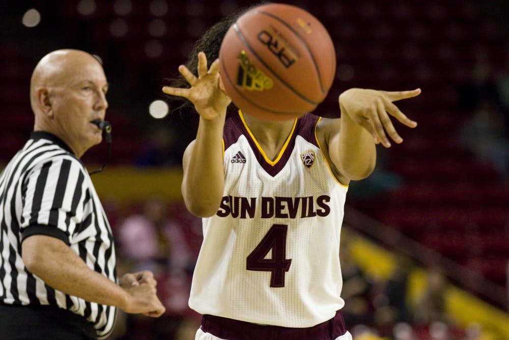 ASU freshman guard Kiara Russell (4) passes the ball to a teammate in the corner during a women's basketball game versus no. 8 Washington in Wells Fargo Arena in Tempe, Arizona on Sunday, Jan. 15, 2017. ASU lost 65-54, putting them at 13-4 on the season.