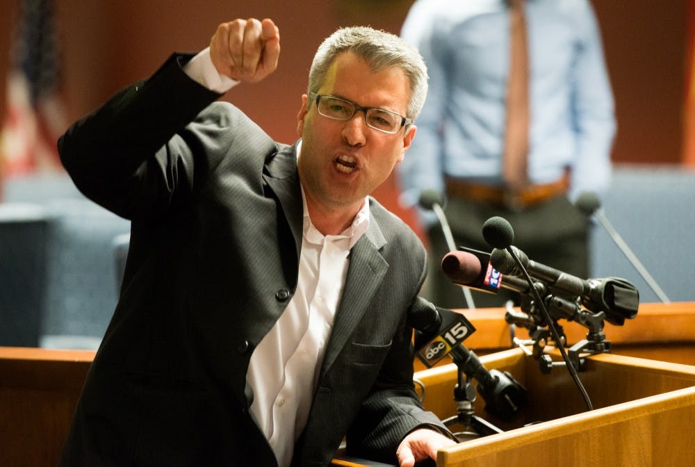 Community activist Randy Parraz speaks during a House Elections Committee hearing on Monday, March 28, 2016, at the Arizona State Capitol in Phoenix. Parraz said Maricopa County Recorder Helen Purcell's decision to limit the number of polling locations for last Tuesday's presidential preference election was "appalling." (Ben Moffat/The State Press)