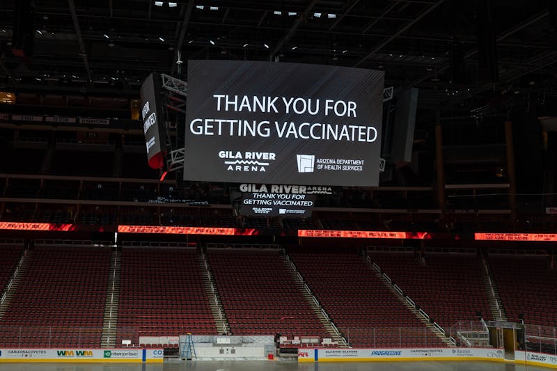 The center display board at the Gila River Arena vaccine site in Glendale displays a message that says “Thank you for getting vaccinated” on Tuesday, May 18, 2021.&nbsp;