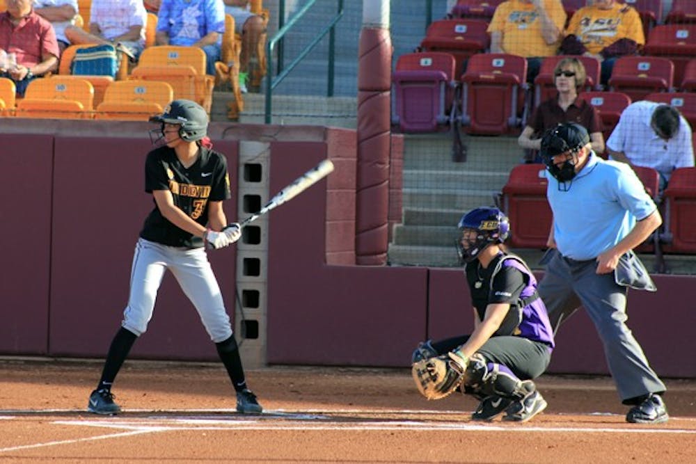 Junior outfielder Alix Johnson awaits a pitch from an East Carolina pitcher on March 2. Johnson is famous in Tempe for her batting abilities but is famous on the Internet for her highlight catch. (Photo by Abhiram Chandrashekar)