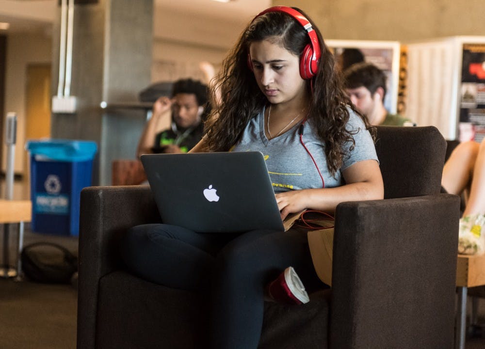 Ariana Elise Bustos, a sophomore journalism and communications major, spends an afternoon studying at the First Amendment Forum at the Walter Cronkite School of Journalism and Mass Communication on Sept. 19, 2016.
